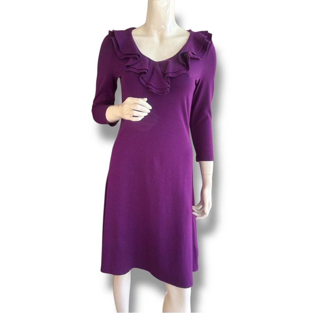 Lauren Ralph Lauren Purple Cotton Sheath Dress with V-Neck Ruffle. Women’s Sz S